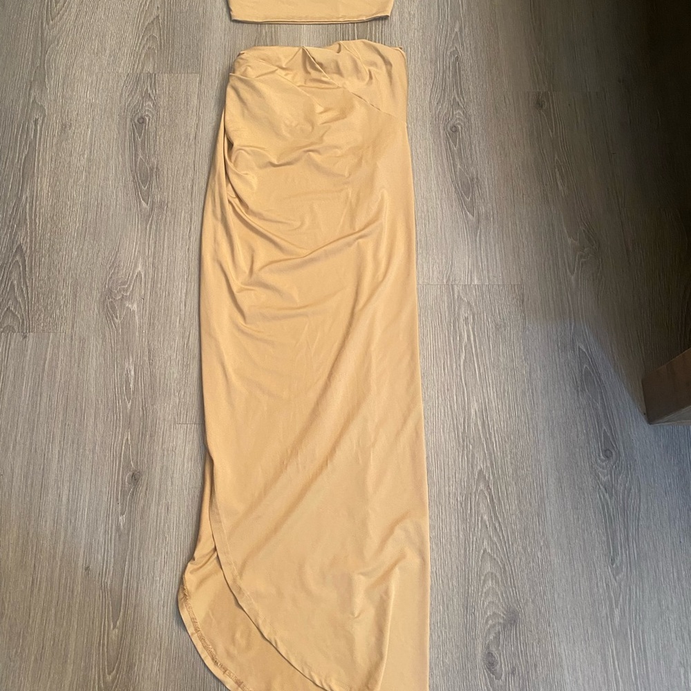 Tan Ruched Maxi Slip Skirt for Casual Resort Wear